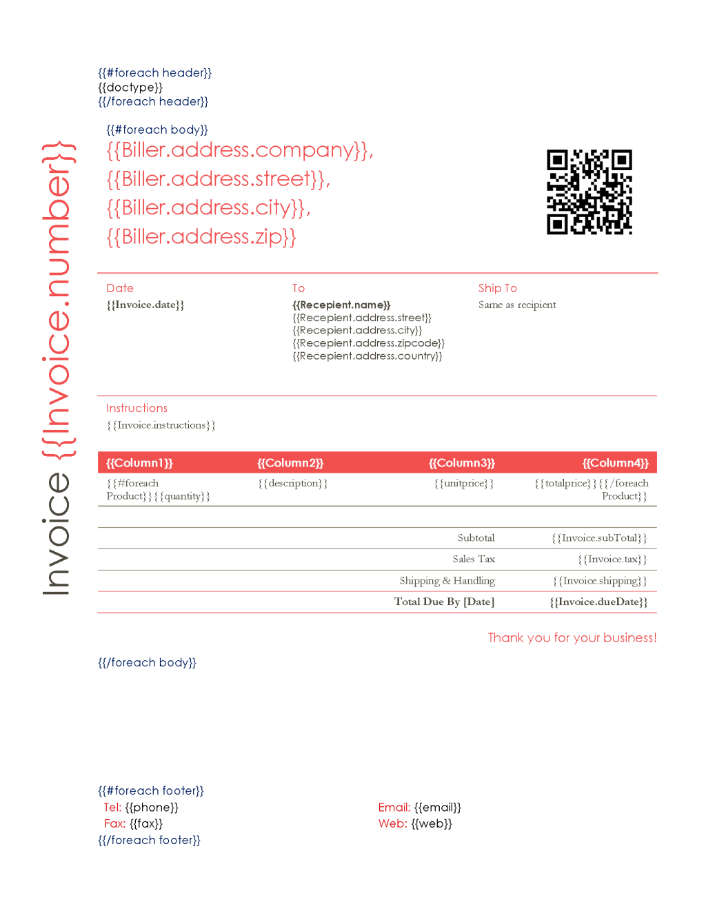 Mustache template for dynamic invoicing