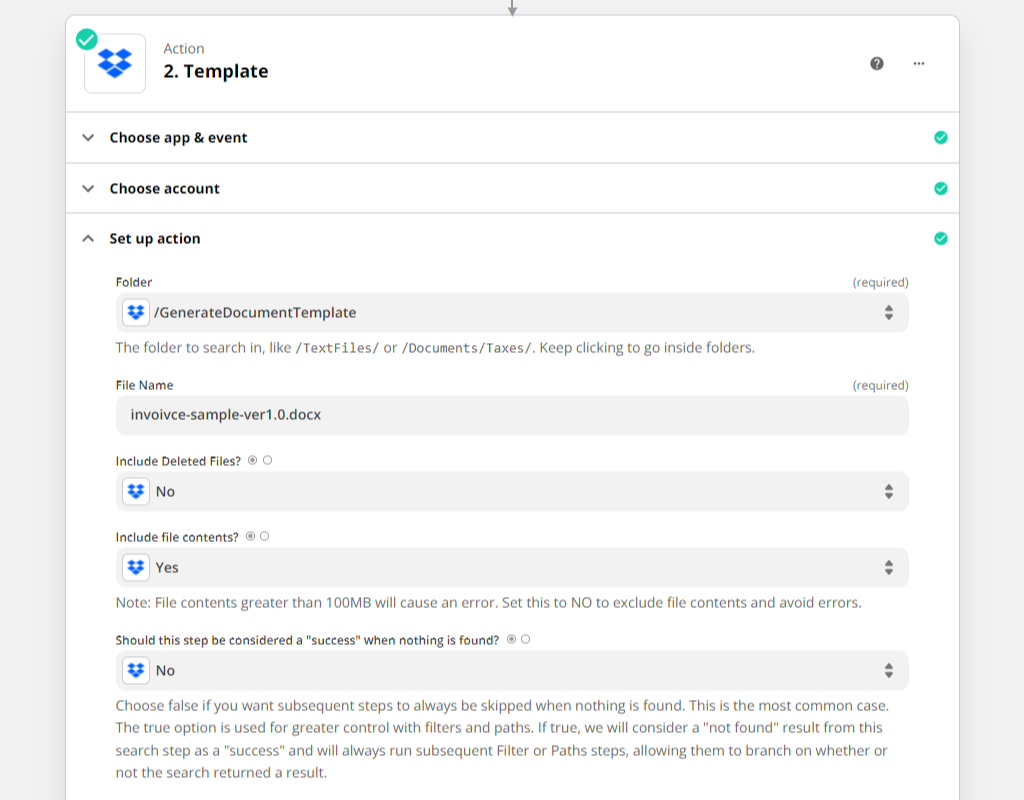Getting template from Dropbox for mail-merge Zap