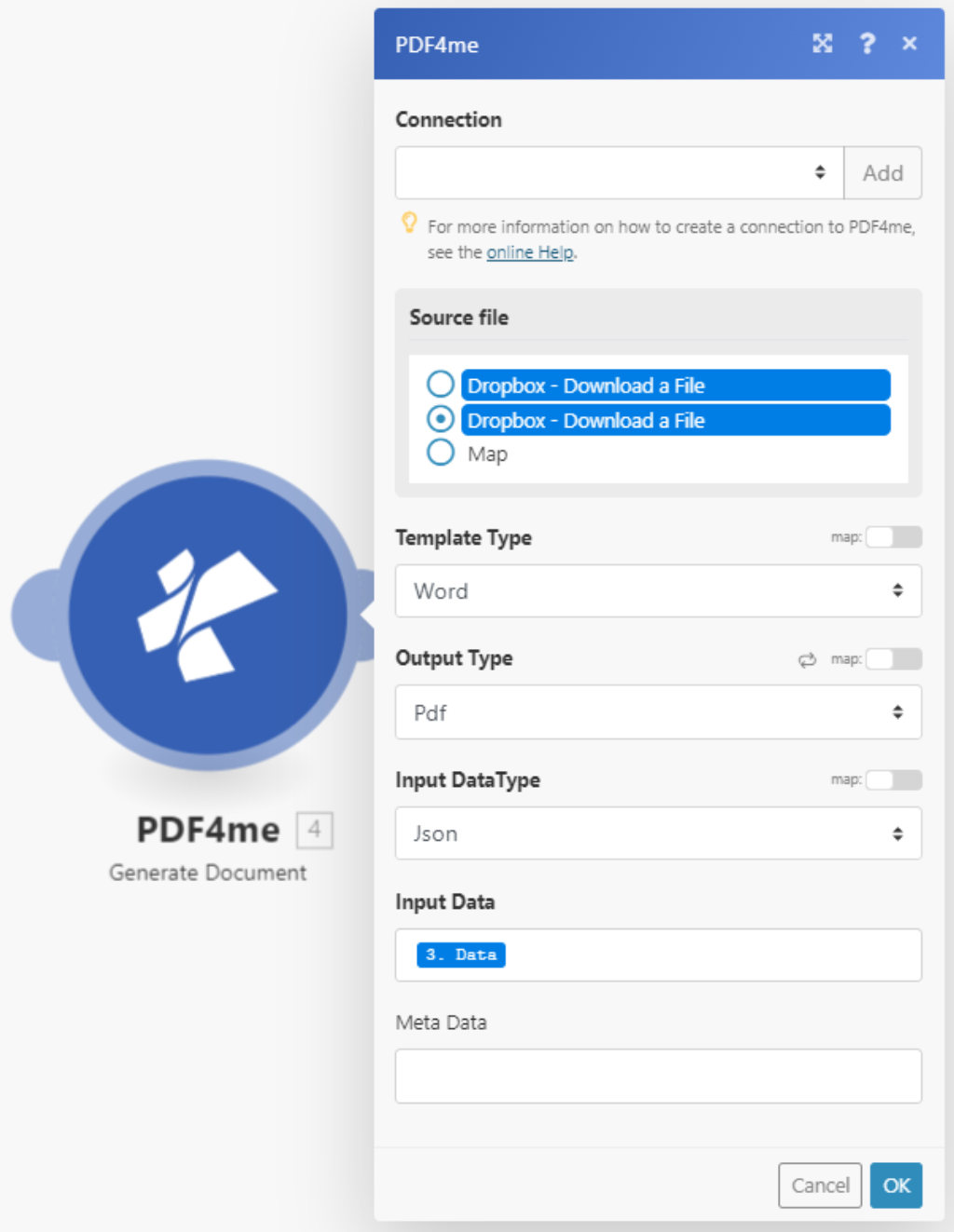 PDF4me Generate Document action for Make