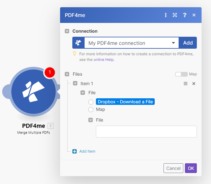 Merge multiple PDFs PDF4me action module