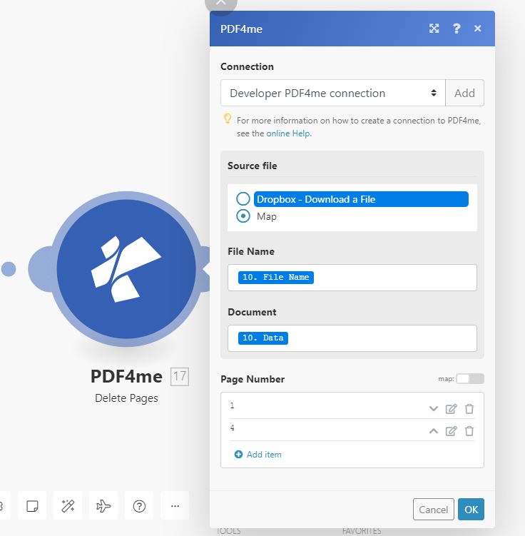 Delete PDF pages using PDF4me and Make
