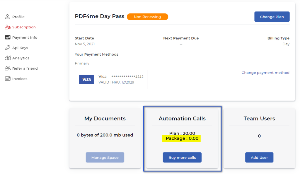 Buy more calls in Subscriptions menu