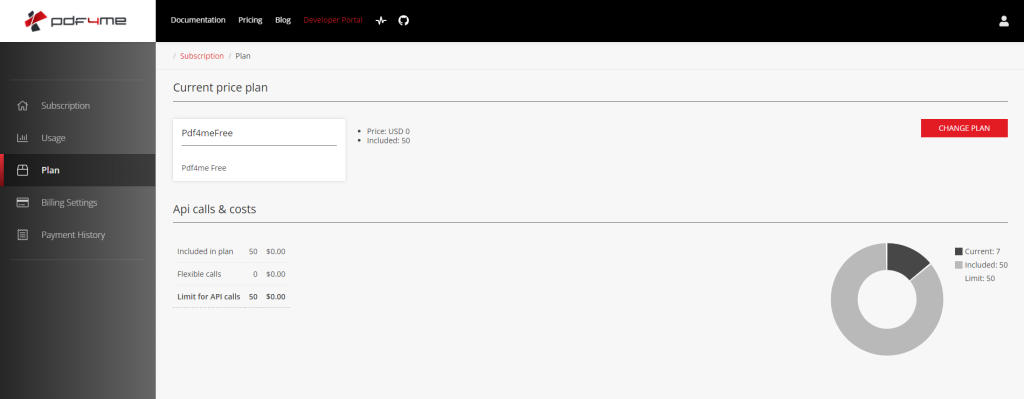 Current plan page in PDF4me API Portal